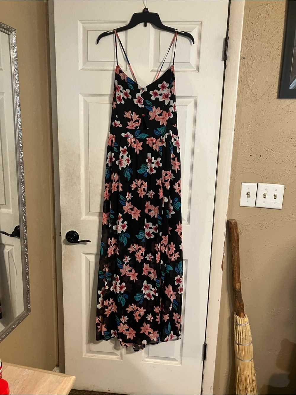 Candie’s Floral V-Neck Black Maxi Dress with Pink & Teal Flowers Size XL